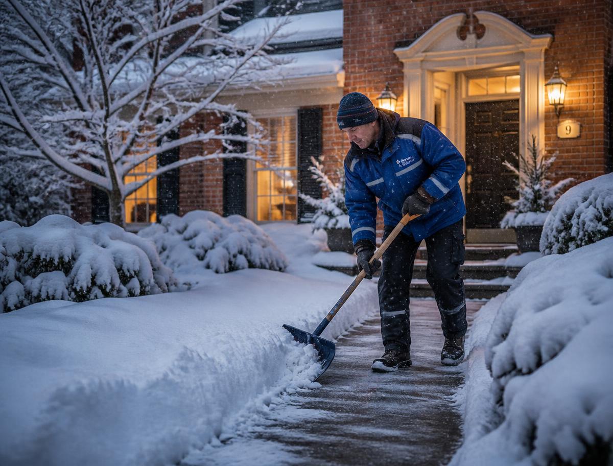 A worker in a blue winter jacket hand shovelling a residential front walkway at dusk