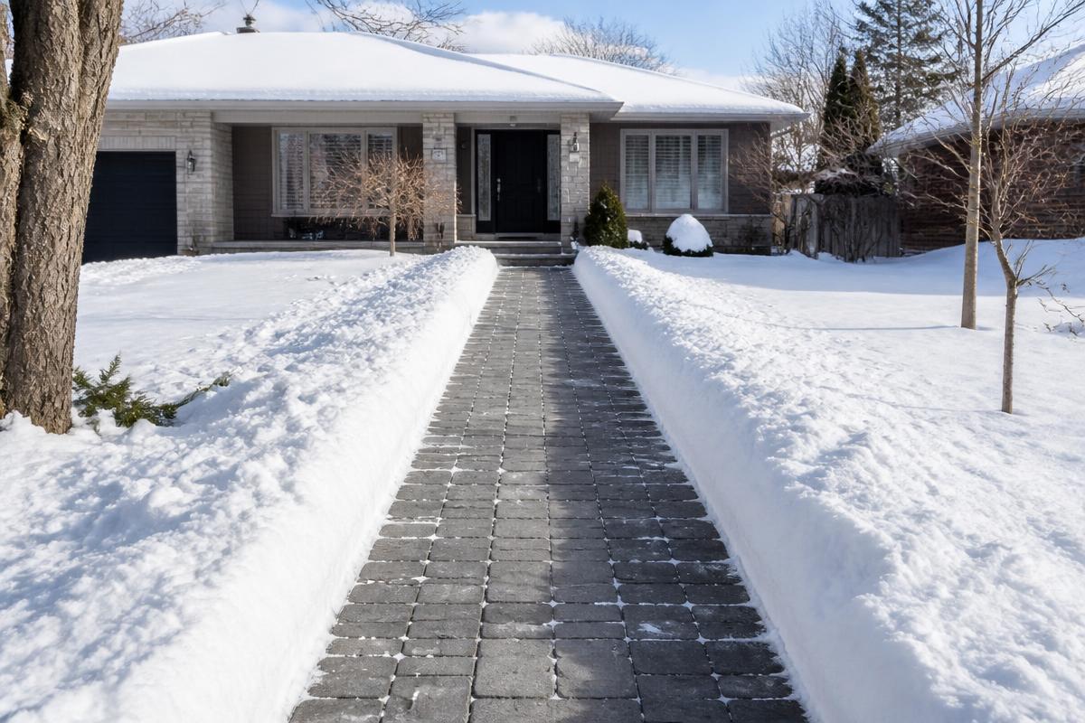 A residential front walkway shovelled clear with snow piled neatly on both sides