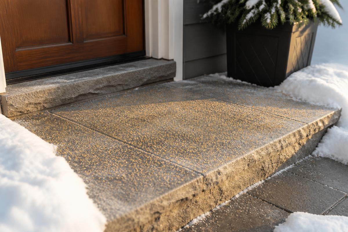 A cleared stone doorstep with a light dusting of golden traction sand
